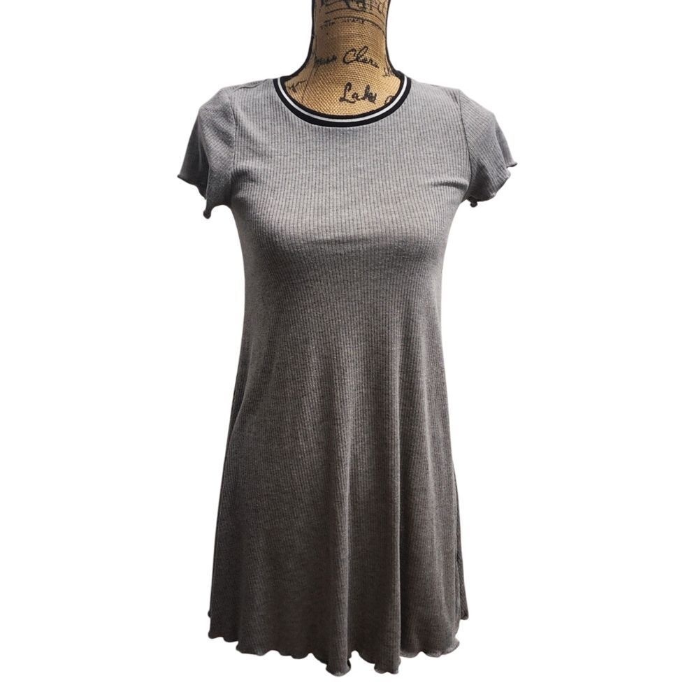 Love, Fire Ribbed Skater Dress Short Sleeve Casual Gray Mini A-Line XS‎